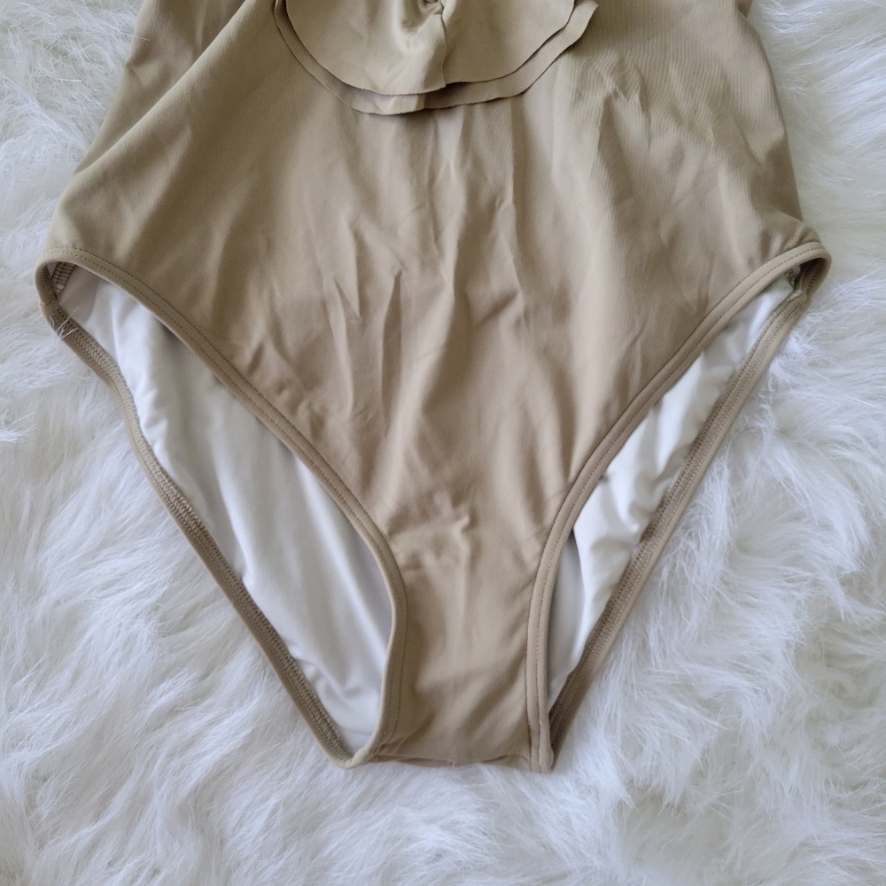 MICHAEL Michael Kors Khaki Ruffle Deep V One Piece Swimsuit 8 NWT - Picture 4 of 11